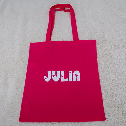 Totebag med navn i hjerteskrift